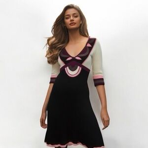 Temperley London Womens Knit V-Neck Printed Maroon 3/4 Sleeve Shift Dress